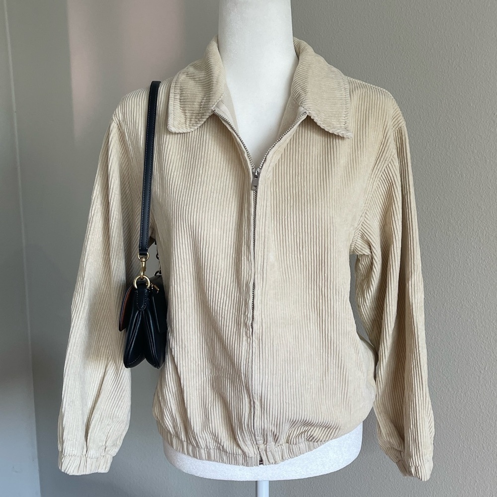 Classic Corduroy Zip-Up Bomber Jacket in Cream Size S